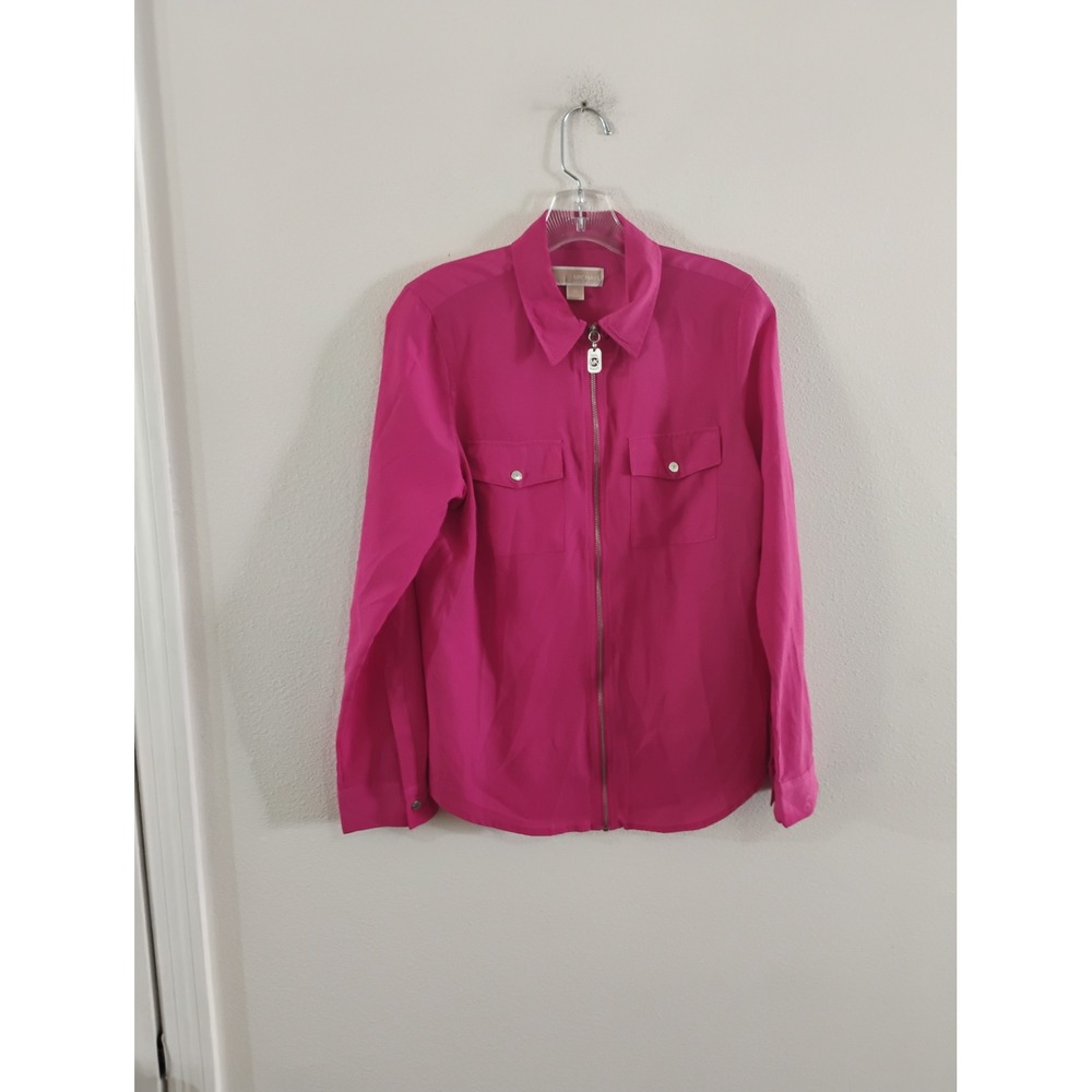 Michael Michael Kors Pink Full Zip Long Sleeve Blouse Top Medium Fuchsia MK Logo
